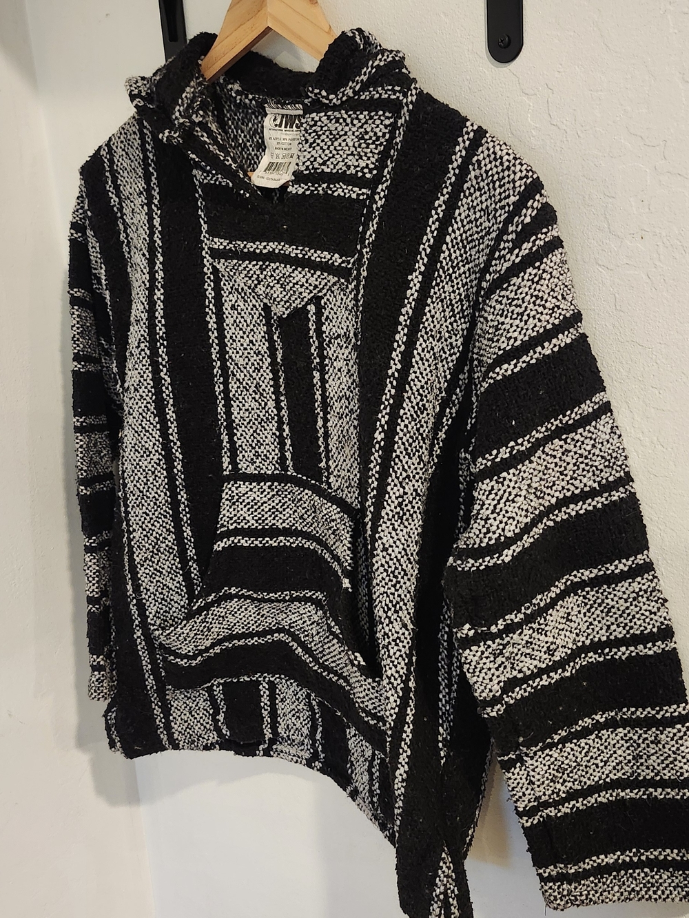 Black & White Striped Baja Hoodie Sweater/Mexican Poncho For Kids